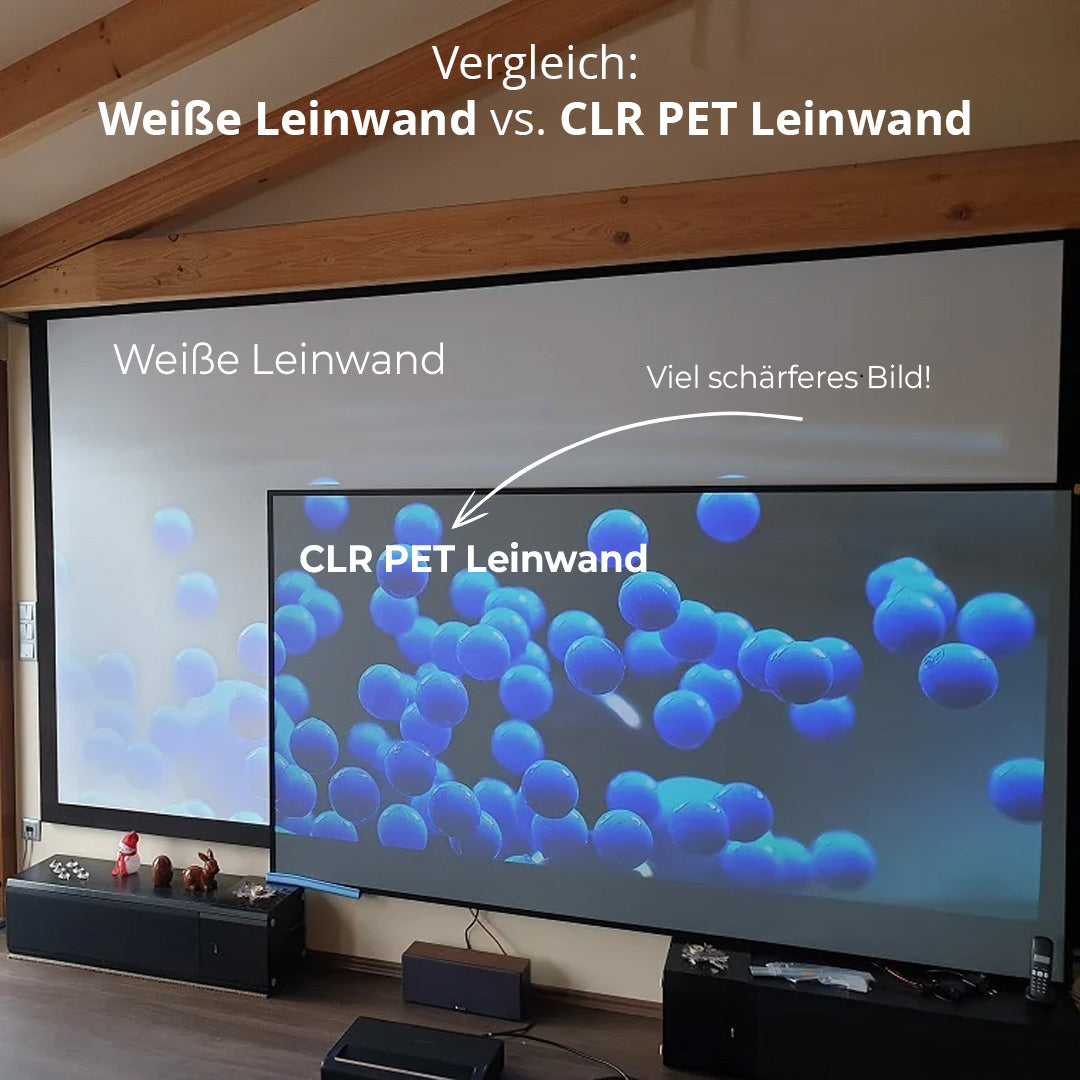 Vergleich einer normalen weißen Leinwand mit einer CLR PET Crystal Ultrakurzdistanz-Leinwand – deutlich schärferes, kontrastreicheres Bild trotz Fremdlicht