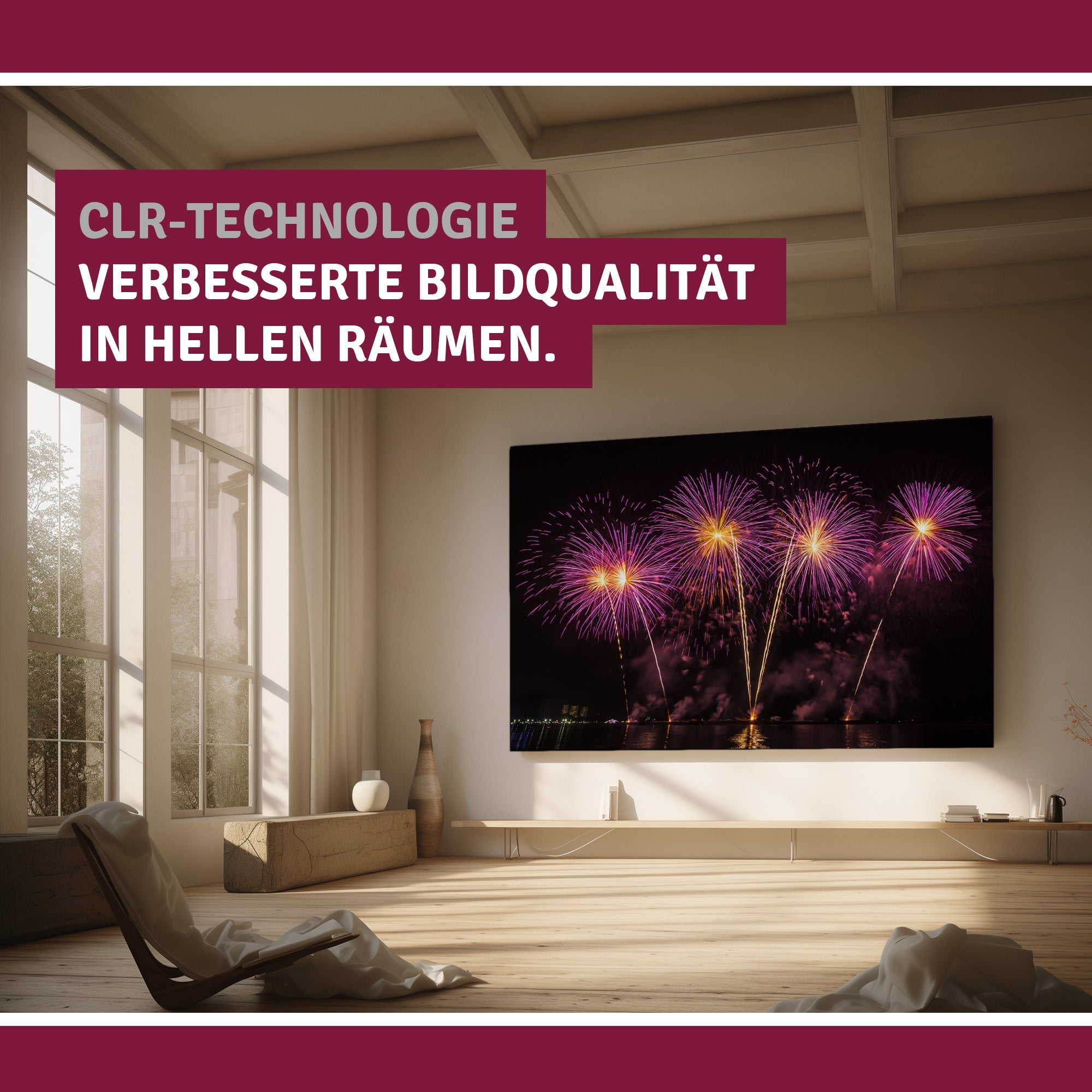 CLR Leinwand mit hoher Bildqualität und starkem Kontrast in hellen Räumen bei Tageslicht