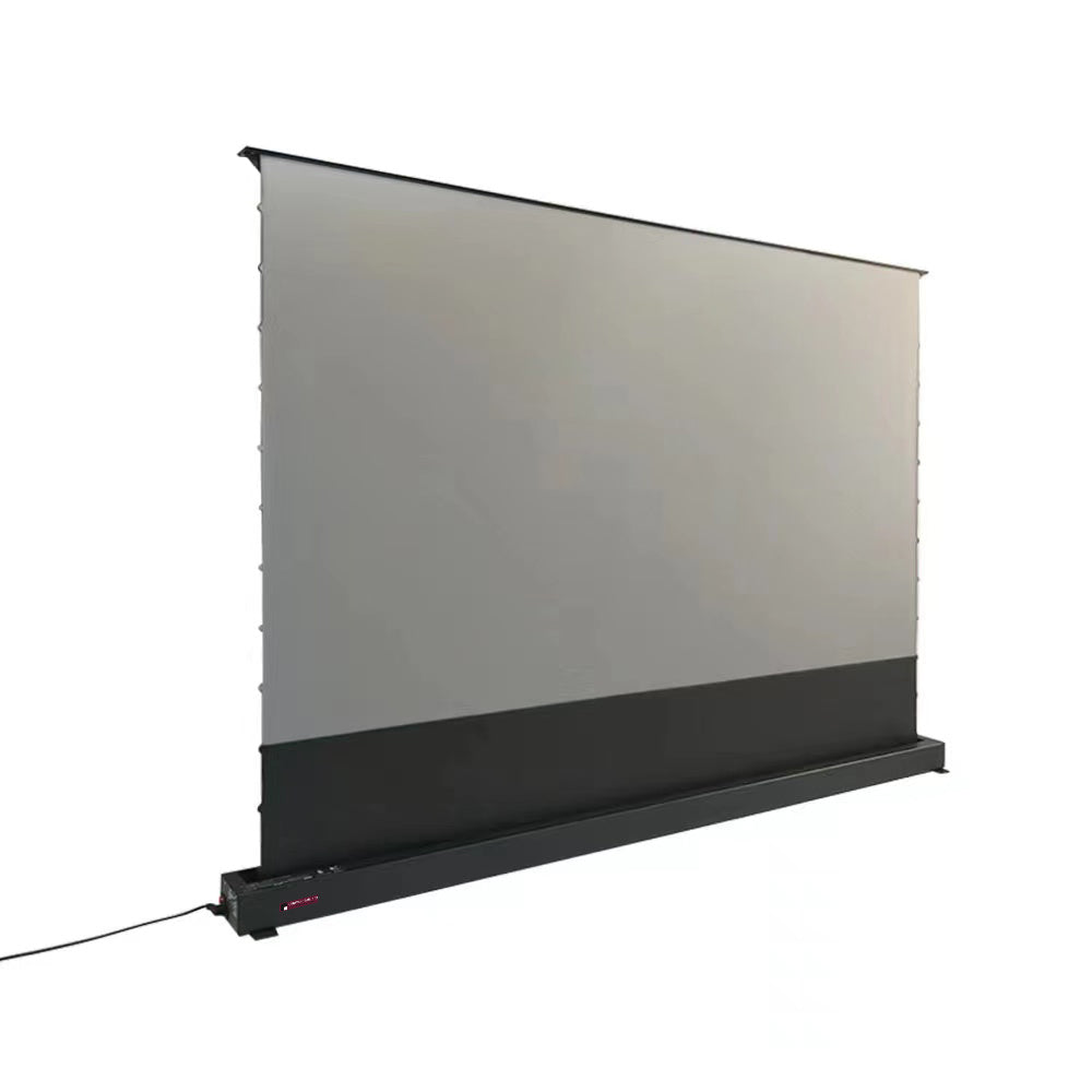 CLR Bodenleinwand mit dunkelgrauem Gehäuse in der Farbe Schwarz. Ultrakurzdistanz-taugliches Pet Crystal Tuch mit Lamellenstruktur für bessere Helligkeit und Kontrast im Tageslicht