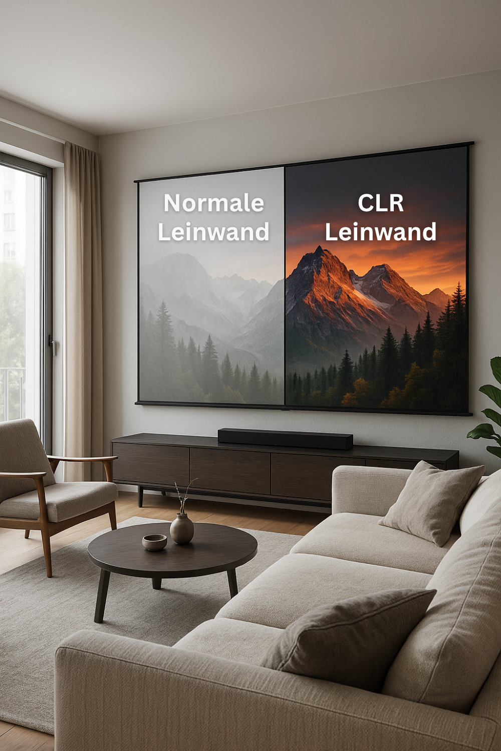 Vergleich normale Leinwand vs CLR Leinwand im hellen Wohnzimmer, deutlich höherer Kontrast