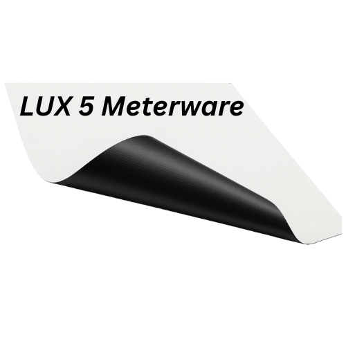 Highend Leinwandtuch LUX 5 Meterware – matte weiße Vorderseite mit schwarzer Rückseite (blackout), umgeschlagene Ecke, Text 'LUX 5 Meterware